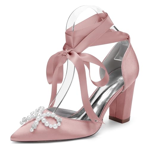 Damen Perlen Blockabsatz Hochzeitsschuhe Satin Schnür Pumps Spitz Zehen Braut Kleid Partyschuhe 22014-15HS,Blush,35 EU von WeFloHsL