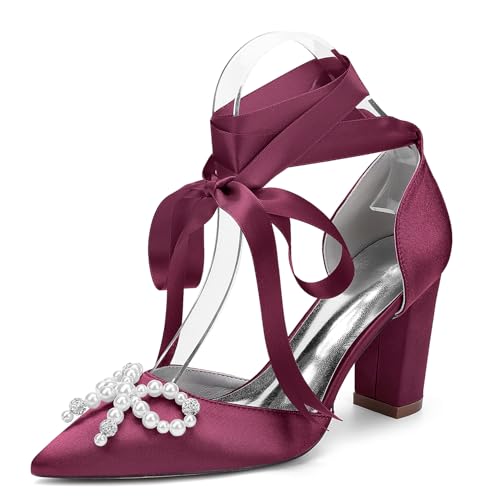 Damen Perlen Blockabsatz Hochzeitsschuhe Satin Schnür Pumps Spitz Zehen Braut Kleid Partyschuhe 22014-15HS,Burgundy,41 EU von WeFloHsL