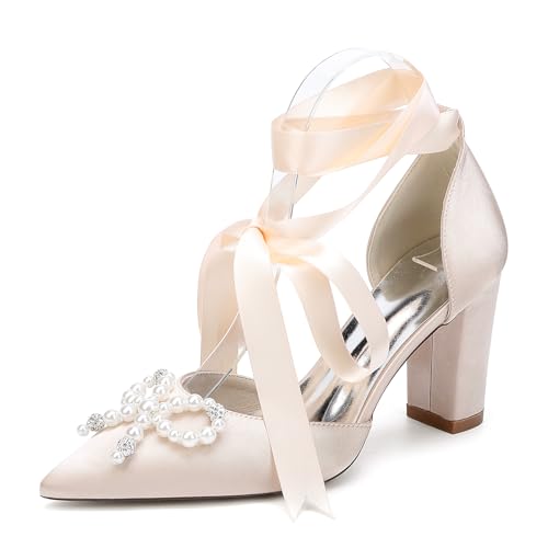 Damen Perlen Blockabsatz Hochzeitsschuhe Satin Schnür Pumps Spitz Zehen Braut Kleid Partyschuhe 22014-15HS,Champagne,37 EU von WeFloHsL