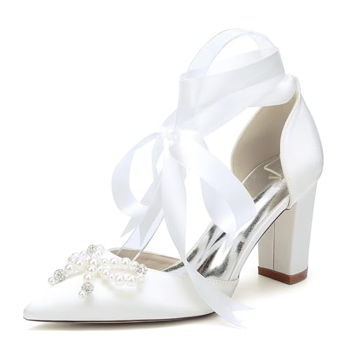 Damen Perlen Blockabsatz Hochzeitsschuhe Satin Schnür Pumps Spitz Zehen Braut Kleid Partyschuhe 22014-15HS,Elfenbein,37 EU von WeFloHsL