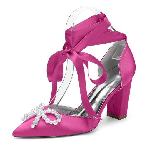 Damen Perlen Blockabsatz Hochzeitsschuhe Satin Schnür Pumps Spitz Zehen Braut Kleid Partyschuhe 22014-15HS,Fuchsia,39 EU von WeFloHsL