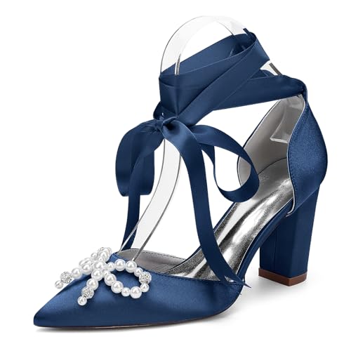 Damen Perlen Blockabsatz Hochzeitsschuhe Satin Schnür Pumps Spitz Zehen Braut Kleid Partyschuhe 22014-15HS,Marine,42 EU von WeFloHsL