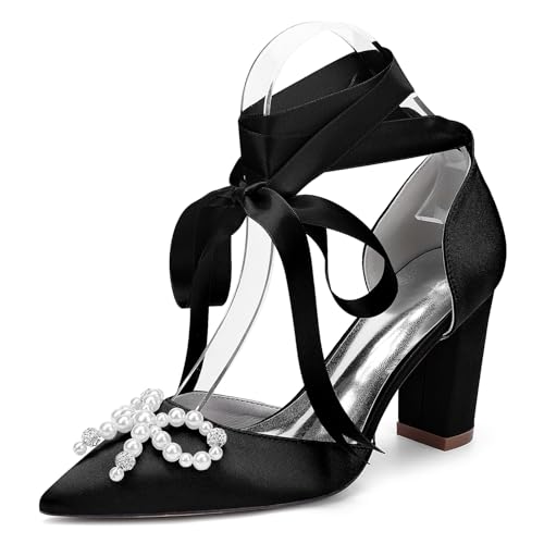 Damen Perlen Blockabsatz Hochzeitsschuhe Satin Schnür Pumps Spitz Zehen Braut Kleid Partyschuhe 22014-15HS,Schwarz,38 EU von WeFloHsL