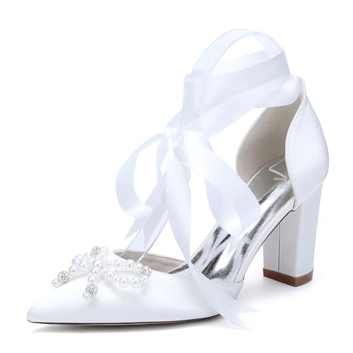 Damen Perlen Blockabsatz Hochzeitsschuhe Satin Schnür Pumps Spitz Zehen Braut Kleid Partyschuhe 22014-15HS,Weiß,41 EU von WeFloHsL