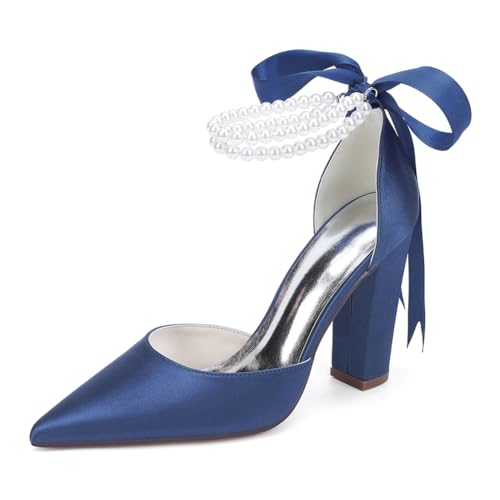 Damen Perlen Hochzeitsschuhe Blockabsatz Pumps Satin Knöchelriemen Spitze Zehen Party Brautschuhe ZK1275-01S CG,Marine,39 EU von WeFloHsL