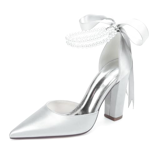 Damen Perlen Hochzeitsschuhe Blockabsatz Pumps Satin Knöchelriemen Spitze Zehen Party Brautschuhe ZK1275-01S CG,Silber,35 EU von WeFloHsL