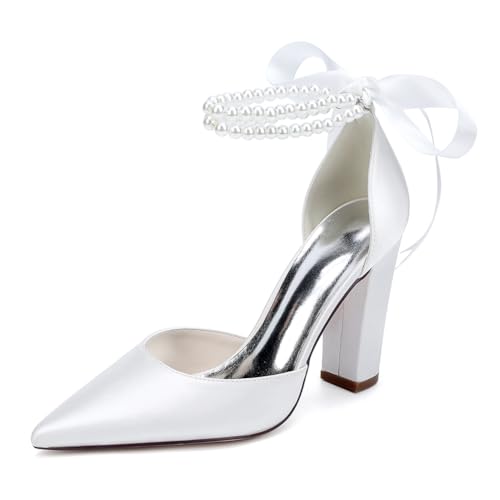 Damen Perlen Hochzeitsschuhe Blockabsatz Pumps Satin Knöchelriemen Spitze Zehen Party Brautschuhe ZK1275-01S CG,Weiß,43 EU von WeFloHsL