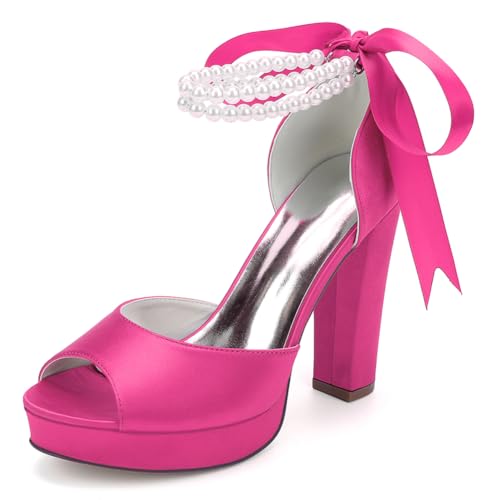 Damen Perlen Knöchelriemen Hochzeit Sandalen Blockabsatz Plateau Brautschuhe Satin Peep Toe Abendschuhe 6118-01S,Fuchsia,41 EU von WeFloHsL