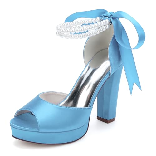 Damen Perlen Knöchelriemen Hochzeit Sandalen Blockabsatz Plateau Brautschuhe Satin Peep Toe Abendschuhe 6118-01S,Light Blue,39 EU von WeFloHsL