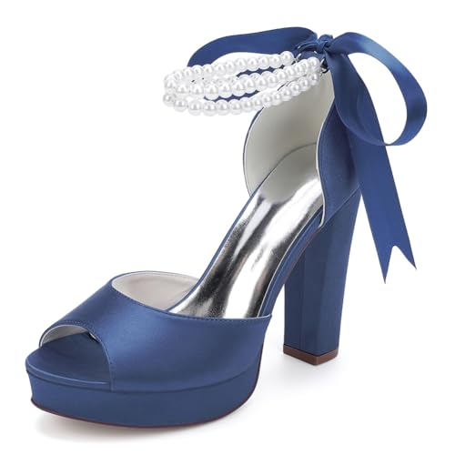 Damen Perlen Knöchelriemen Hochzeit Sandalen Blockabsatz Plateau Brautschuhe Satin Peep Toe Abendschuhe 6118-01S,Marine,37 EU von WeFloHsL