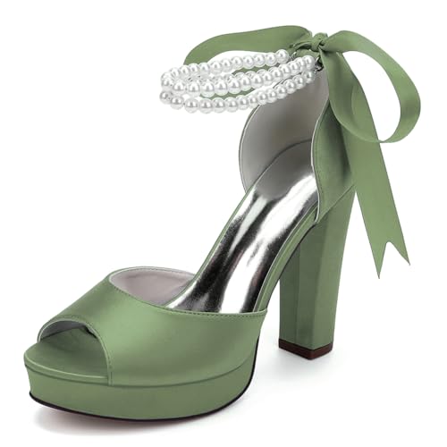 Damen Perlen Knöchelriemen Hochzeit Sandalen Blockabsatz Plateau Brautschuhe Satin Peep Toe Abendschuhe 6118-01S,Olive Green,39 EU von WeFloHsL