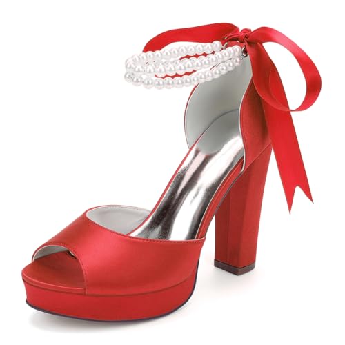 Damen Perlen Knöchelriemen Hochzeit Sandalen Blockabsatz Plateau Brautschuhe Satin Peep Toe Abendschuhe 6118-01S,Rot,41 EU von WeFloHsL