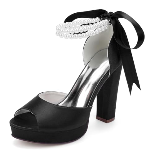 Damen Perlen Knöchelriemen Hochzeit Sandalen Blockabsatz Plateau Brautschuhe Satin Peep Toe Abendschuhe 6118-01S,Schwarz,37 EU von WeFloHsL