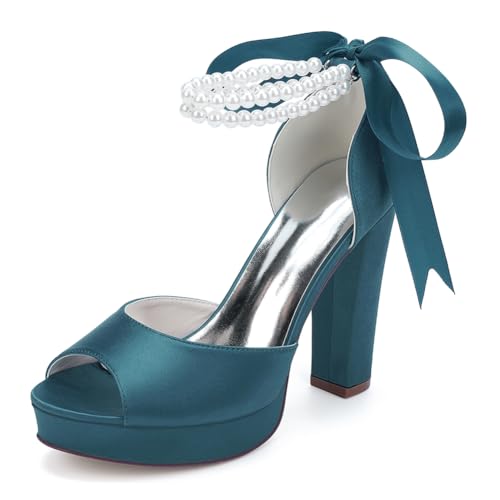 Damen Perlen Knöchelriemen Hochzeit Sandalen Blockabsatz Plateau Brautschuhe Satin Peep Toe Abendschuhe 6118-01S,Teal,41 EU von WeFloHsL