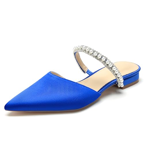 Damen Perlen Riemchen Brautschuhe Flache Mules Sandalen Geschlossene Zehen Satin Hochzeit Abendschuhe,Blau,42 EU von WeFloHsL