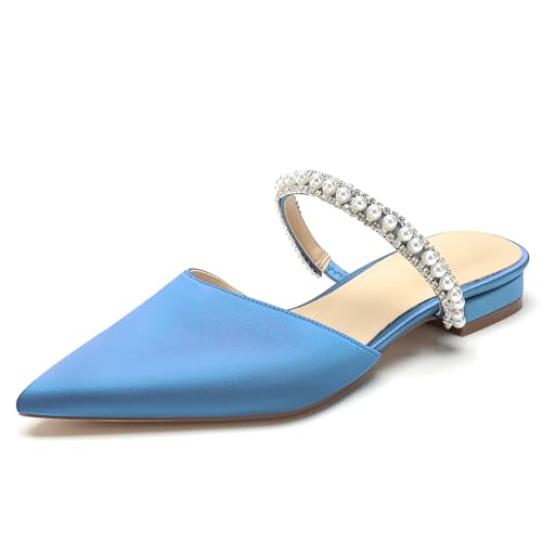Damen Perlen Riemchen Brautschuhe Flache Mules Sandalen Geschlossene Zehen Satin Hochzeit Abendschuhe,Light Blue,42 EU von WeFloHsL