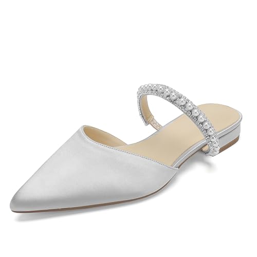 Damen Perlen Riemchen Brautschuhe Flache Mules Sandalen Geschlossene Zehen Satin Hochzeit Abendschuhe,Silber,40 EU Damen Perlen Riemchen Brautschuhe Flache Mules Sandalen Geschlossene Zehen Satin Hochzeit Abendschuhe,Silber,40 EU von WeFloHsL