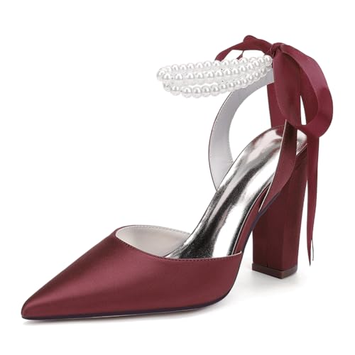 Damen Perlen Riemchen Pumps Blockabsatz Brautschuhe Satin Spitze Zehen Party Abendschuhe ZK1275-02S CG,Burgundy,40 EU von WeFloHsL