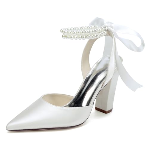 Damen Perlen Riemchen Pumps Blockabsatz Brautschuhe Satin Spitze Zehen Party Abendschuhe ZK1275-02S CG,Elfenbein,36 EU von WeFloHsL