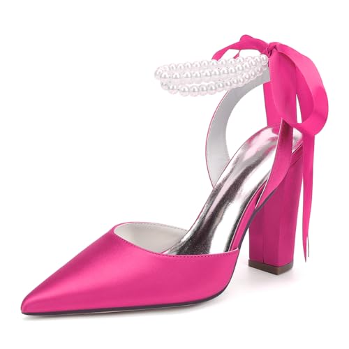 Damen Perlen Riemchen Pumps Blockabsatz Brautschuhe Satin Spitze Zehen Party Abendschuhe ZK1275-02S CG,Fuchsia,35 EU von WeFloHsL