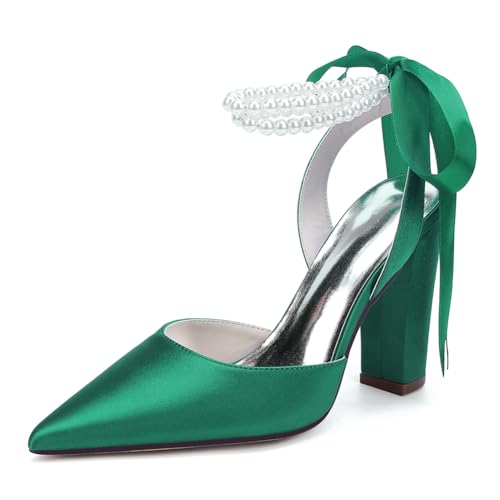 Damen Perlen Riemchen Pumps Blockabsatz Brautschuhe Satin Spitze Zehen Party Abendschuhe ZK1275-02S CG,Grün,41 EU von WeFloHsL