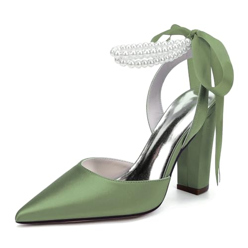 Damen Perlen Riemchen Pumps Blockabsatz Brautschuhe Satin Spitze Zehen Party Abendschuhe ZK1275-02S CG,Olive Green,42 EU von WeFloHsL