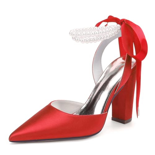 Damen Perlen Riemchen Pumps Blockabsatz Brautschuhe Satin Spitze Zehen Party Abendschuhe ZK1275-02S CG,Rot,35 EU von WeFloHsL