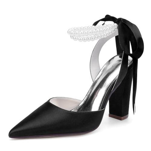 Damen Perlen Riemchen Pumps Blockabsatz Brautschuhe Satin Spitze Zehen Party Abendschuhe ZK1275-02S CG,Schwarz,40 EU von WeFloHsL