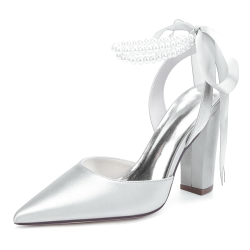 Damen Perlen Riemchen Pumps Blockabsatz Brautschuhe Satin Spitze Zehen Party Abendschuhe ZK1275-02S CG,Silber,38 EU von WeFloHsL