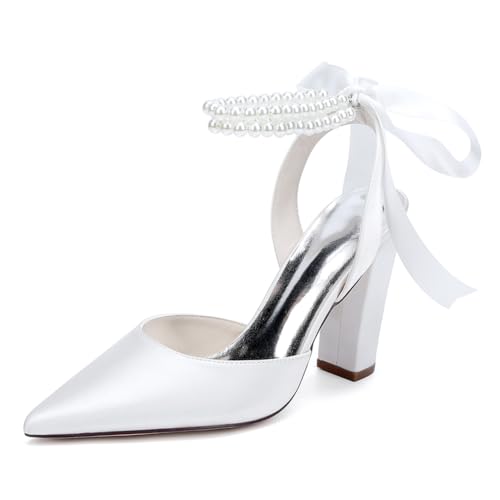 Damen Perlen Riemchen Pumps Blockabsatz Brautschuhe Satin Spitze Zehen Party Abendschuhe ZK1275-02S CG,Weiß,38 EU von WeFloHsL