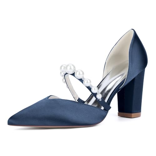 Damen Perlen Riemchen Pumps Blockabsatz Hochzeitsschuhe Spitze Zehen Satin Brautschuhe Partyschuhe 22014-17B,Marine,38 EU Damen Perlen Riemchen Pumps Blockabsatz Hochzeitsschuhe Spitze Zehen Satin Brautschuhe Partyschuhe 22014-17B,Marine,38 EU von WeFloHsL