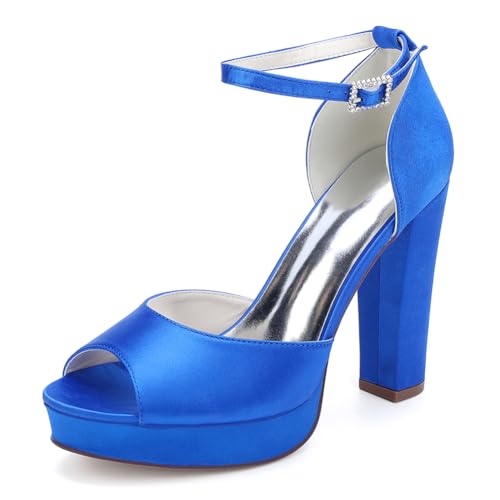 Damen Plateau Riemchensandalen Blockabsatz High Heels Brautschuhe Satin Pumps Peep Toe Hochzeits Party Schuhe 6118-01A,Blau,37 EU von WeFloHsL