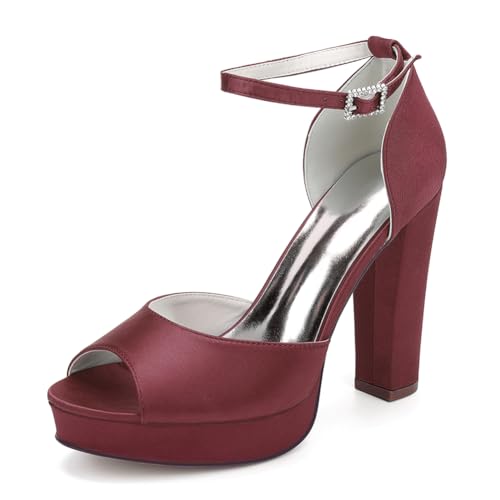 Damen Plateau Riemchensandalen Blockabsatz High Heels Brautschuhe Satin Pumps Peep Toe Hochzeits Party Schuhe 6118-01A,Burgundy,37 EU von WeFloHsL