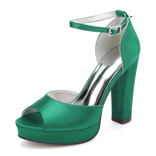 Damen Plateau Riemchensandalen Blockabsatz High Heels Brautschuhe Satin Pumps Peep Toe Hochzeits Party Schuhe 6118-01A,Grün,42 EU von WeFloHsL