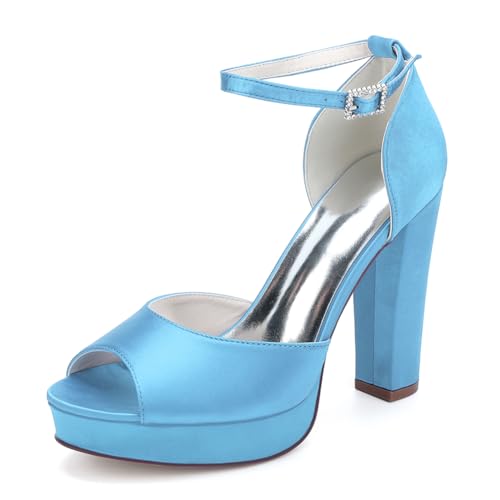 Damen Plateau Riemchensandalen Blockabsatz High Heels Brautschuhe Satin Pumps Peep Toe Hochzeits Party Schuhe 6118-01A,Light Blue,42 EU von WeFloHsL