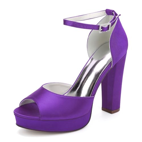 Damen Plateau Riemchensandalen Blockabsatz High Heels Brautschuhe Satin Pumps Peep Toe Hochzeits Party Schuhe 6118-01A,Lila,42 EU von WeFloHsL