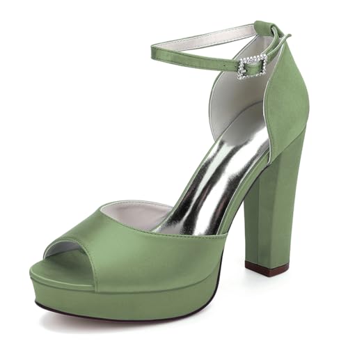Damen Plateau Riemchensandalen Blockabsatz High Heels Brautschuhe Satin Pumps Peep Toe Hochzeits Party Schuhe 6118-01A,Olive Green,41 EU von WeFloHsL