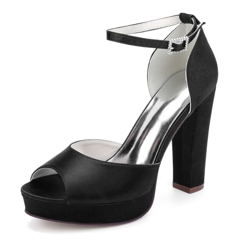 Damen Plateau Riemchensandalen Blockabsatz High Heels Brautschuhe Satin Pumps Peep Toe Hochzeits Party Schuhe 6118-01A,Schwarz,42 EU von WeFloHsL