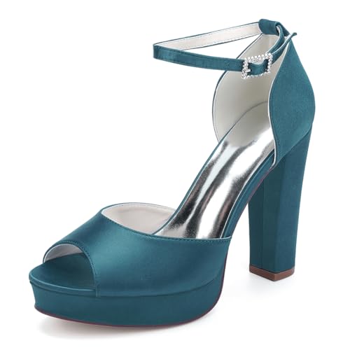 Damen Plateau Riemchensandalen Blockabsatz High Heels Brautschuhe Satin Pumps Peep Toe Hochzeits Party Schuhe 6118-01A,Teal,37 EU von WeFloHsL