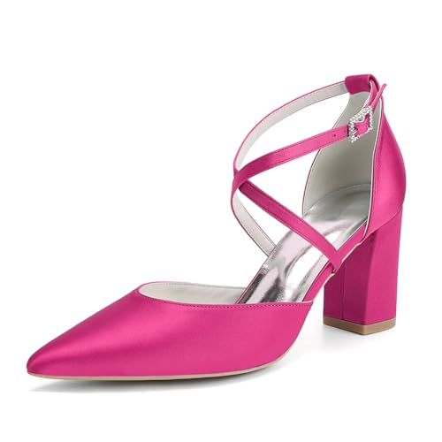 Damen Riemchen Hochzeitsschuhe Blockabsatz Pumps Satin Spitze Zehen Party Brautschuhe 272-01X,Fuchsia,42 EU von WeFloHsL