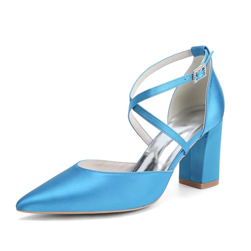 Damen Riemchen Hochzeitsschuhe Blockabsatz Pumps Satin Spitze Zehen Party Brautschuhe 272-01X,Light Blue,41 EU von WeFloHsL