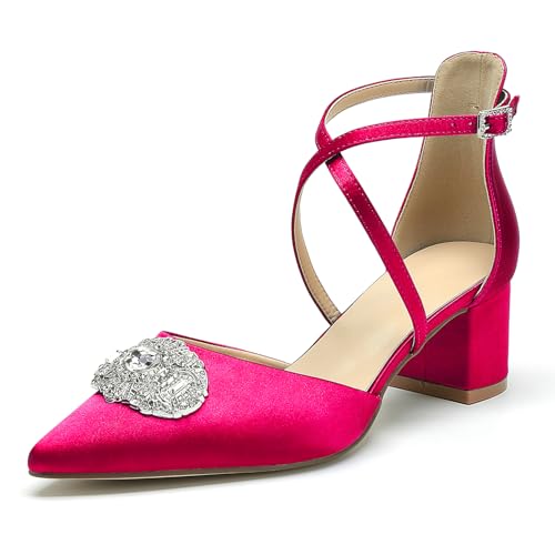 Damen Riemen Hochzeits Pumps Blockabsatz Satin Strass Spitze Zehen Party Brautschuhe,Fuchsia,43 EU von WeFloHsL