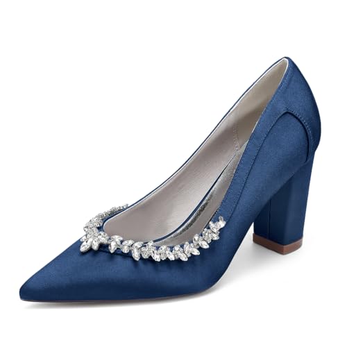 Damen Satin 8.5Cm Blockabsatz Hochzeit Pumps Spitz Zehen Strass Brautschuhe Abendschuhe 22014-50YK,Marine,41 EU Damen Satin 8.5Cm Blockabsatz Hochzeit Pumps Spitz Zehen Strass Brautschuhe Abendschuhe 22014-50YK,Marine,41 EU von WeFloHsL