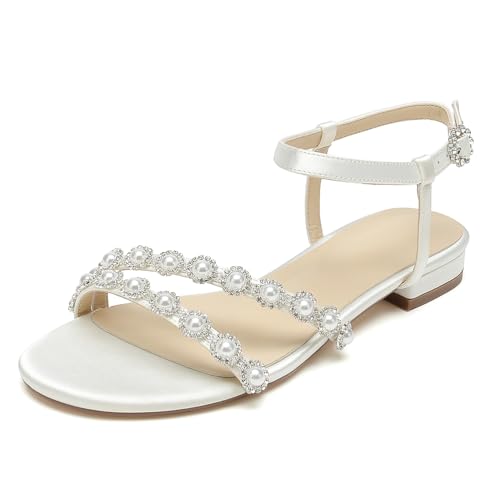 Damen Satin Flache Brautsandalen Perlen Knöchelriemen Offene Zehen Flache Hochzeits Sandalen Kleid Brautjungfernschuhe,Elfenbein,43 EU Damen Satin Flache Brautsandalen Perlen Knöchelriemen Offene Zehen Flache Hochzeits Sandalen Kleid Brautjungfernschuhe,Elfenbein,43 EU von WeFloHsL