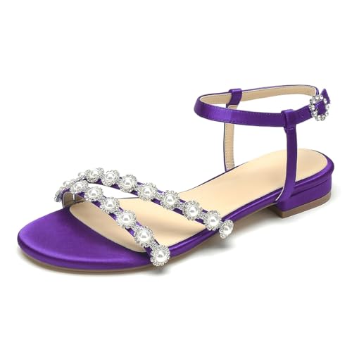 Damen Satin Flache Brautsandalen Perlen Knöchelriemen Offene Zehen Flache Hochzeits Sandalen Kleid Brautjungfernschuhe,Lila,43 EU von WeFloHsL