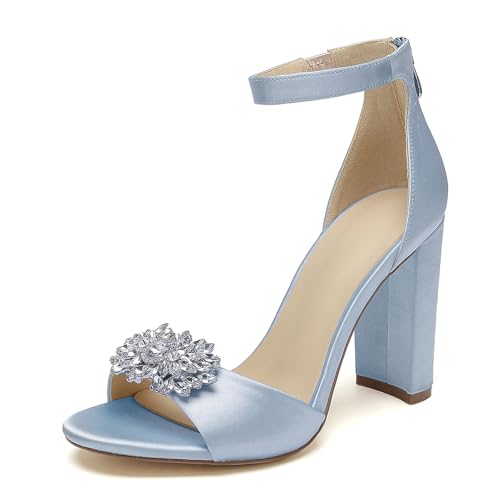 Damen Satin Hochzeit Blockabsatz Sandalen Strass Offene Zehen Pumps Knöchelriemen Braut Kleid Brautjungfernschuhe,Light Blue,37 EU von WeFloHsL