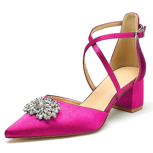 Damen Satin Hochzeits Pumps Niedriger Blockabsatz Knöchelriemen Spitze Zehen Strass Abend Party Brautschuhe,Fuchsia,38 EU von WeFloHsL
