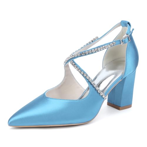 Damen Strass Riemchen Pumps Mit Blockabsatz Brautschuhe Satin Spitze Zehen Party Hochzeitsschuhe 272-05,Light Blue,43 EU von WeFloHsL