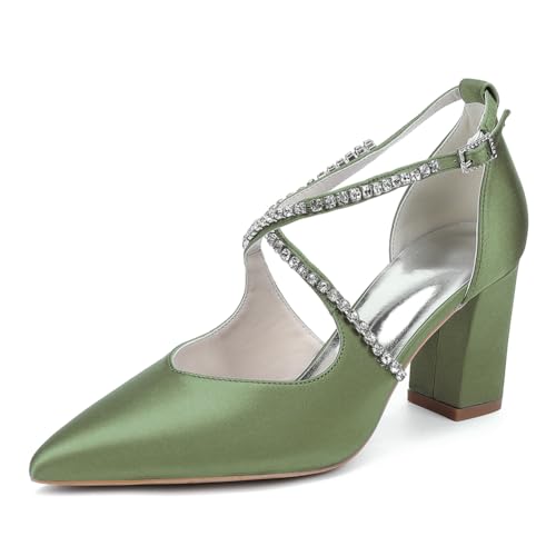 Damen Strass Riemchen Pumps Mit Blockabsatz Brautschuhe Satin Spitze Zehen Party Hochzeitsschuhe 272-05,Olive Green,35 EU von WeFloHsL