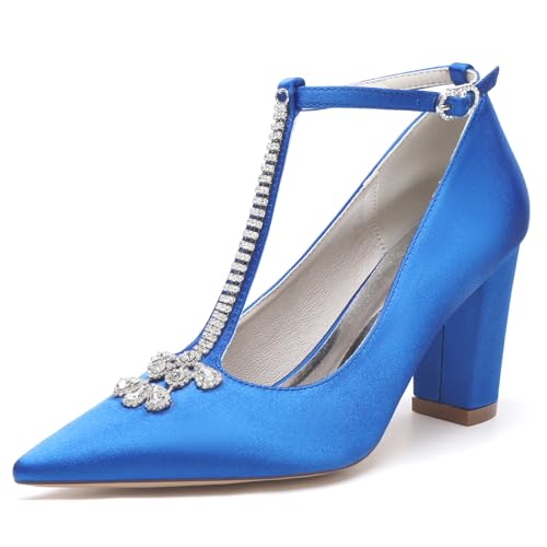 Damen T-Riemchen Pumps Mit Blockabsatz Satin Strass Spitze Zehen Brautschuhe Hochzeitsschuhe 22014-59T,Blau,39 EU von WeFloHsL